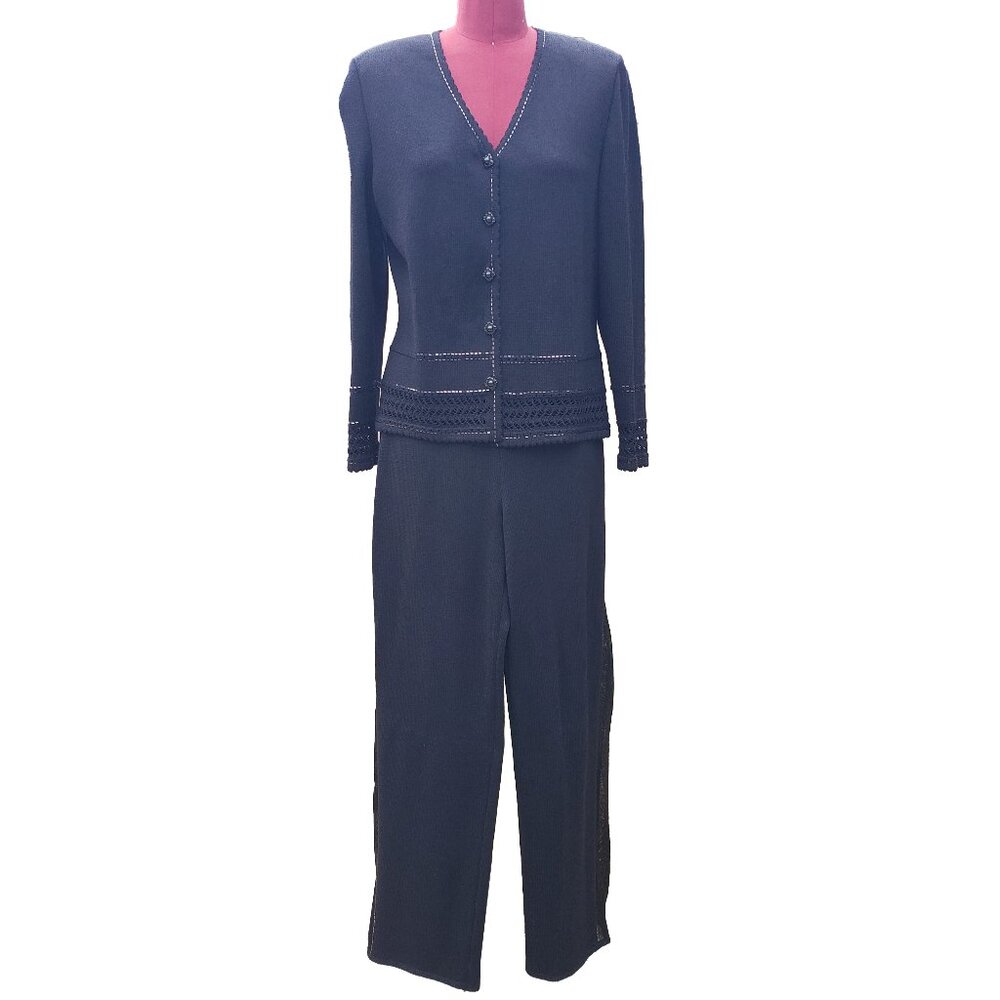 St. John Evening Pant Suit 6 Black Santana Knit Metallic Trim Wide Leg Vintage